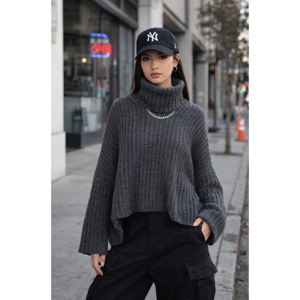 7115 BY SZEKI Dark Grey Turtleneck Sweater Merino Wool Boxy Oversized Small